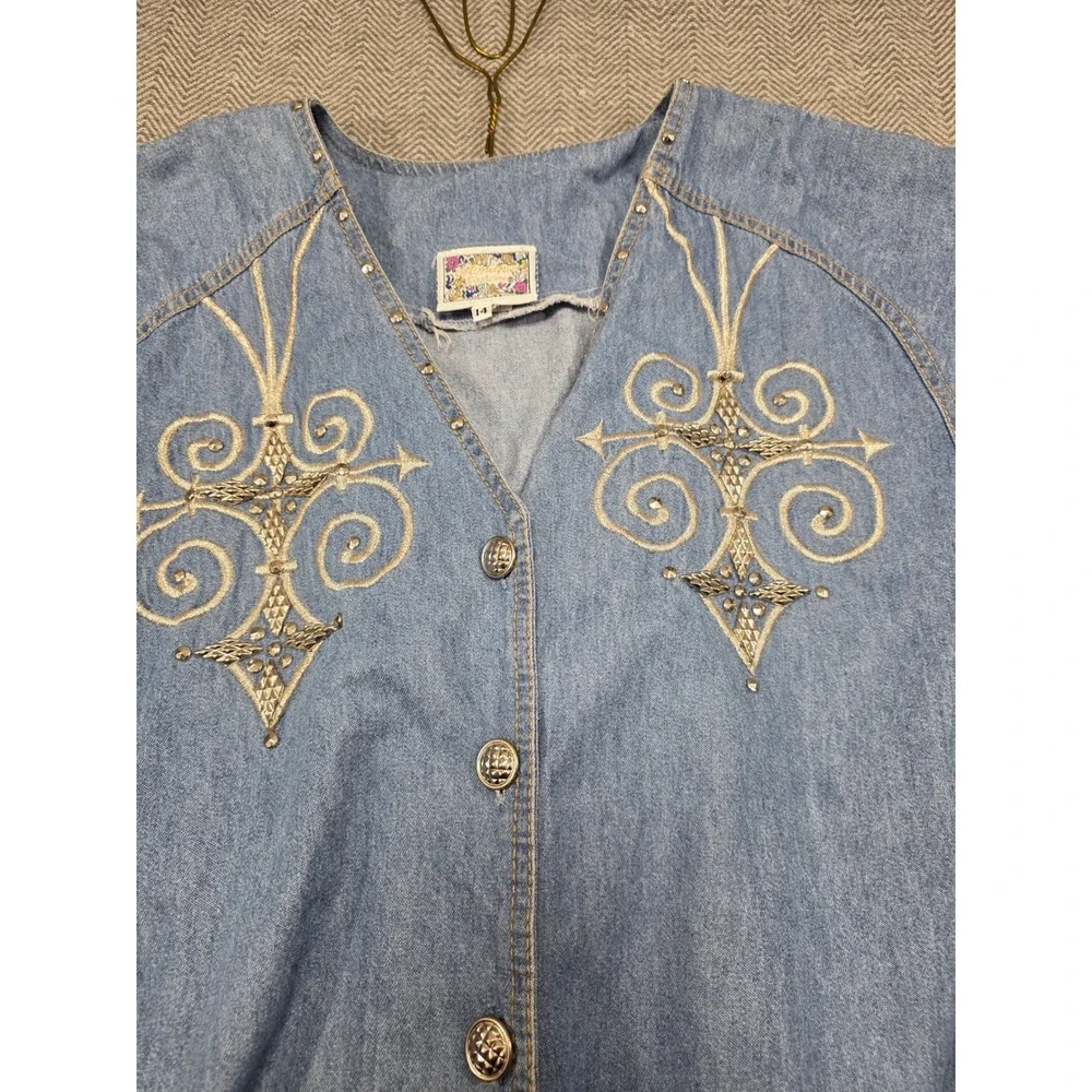 Monique Fashions Vintage Denim Duster Dress Studded Embroidered Light Wash Sz 14
